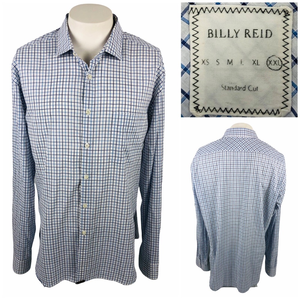 Billy Reid Mens 2XL Shirt Button Front Blue Checks Linen Cotton Blend EUC